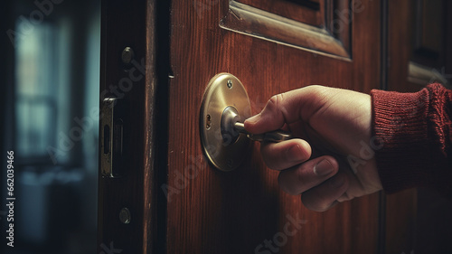 Close up of a hand turning the lock on a bedroom door