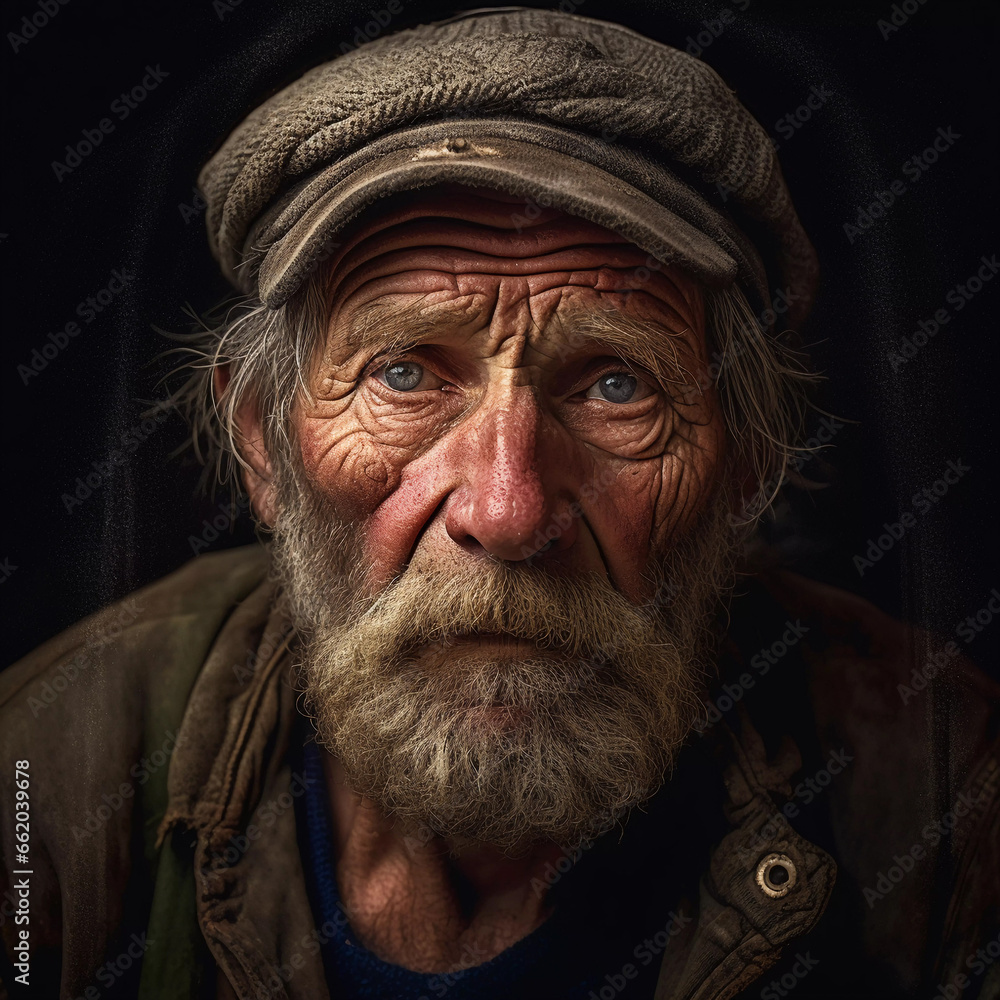 Portrait of an old fisherman with wrinkles and sad eyes Portrait of an old fisherman with wrinkles and sad eyes