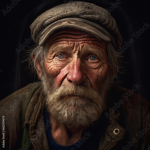 Portrait of an old fisherman with wrinkles and sad eyes