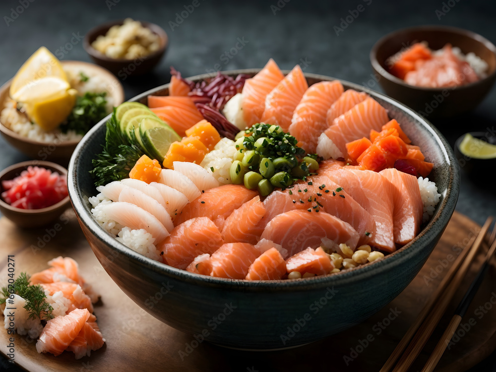 Chirashi Bowl with Salmon, Tuna, Ikura, and Scallops Stock Photo ...