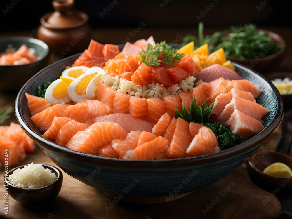 Chirashi Bowl with Salmon, Tuna, Ikura, and Scallops Chirashi Bowl with Salmon, Tuna, Ikura, and Scallops