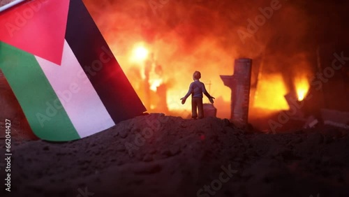 Conflict between Israel and Palestine concept. Burning and destroyed city by war. Concept of crisis of war creative decoration. Selective focus