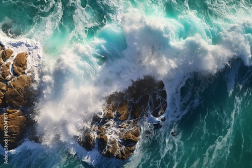 Overhead view of turbulent ocean waves merging at high and low tide. Generative AI