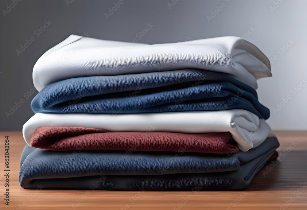 Neat stack of simple clothes folded isolated on white background, clothing folding concept,
