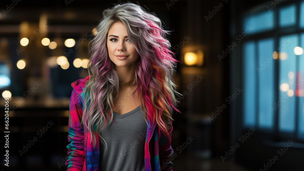 Hübsche Frau mit pink lila gefärbten und gelockten Haar mit modernster Frisur und edlen Visagistik Make up als Poster Nahaufnahme Querformat, ai generativ