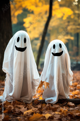 Two small children in white costumes celebrate Halloween. The concept of a ghost costume for Halloween. Generative AI