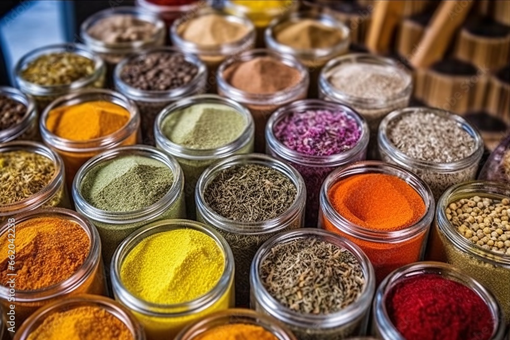Spices and herbs in glass jars on a wooden background. Selective focus.
Spices and herbs in glass jars on a wooden background. Selective focus.