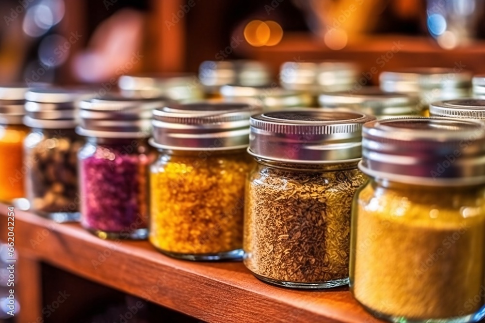 Spices and herbs in glass jars on a wooden background. Selective focus.
Spices and herbs in glass jars on a wooden background. Selective focus.