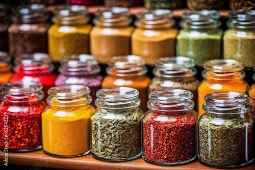 Spices and herbs in glass jars on a wooden background. Selective focus. 