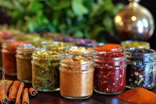 Spices and herbs in glass jars on a wooden background. Selective focus. 