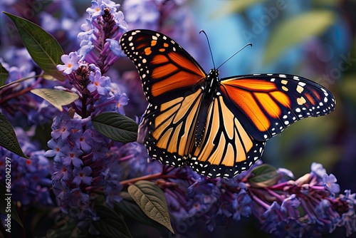 monarch butterfly sitting down on a purple plant Generative AI