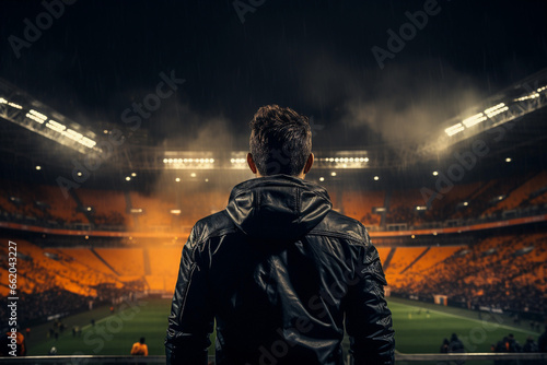 Rear view of a man standing in front of a football stadium photo