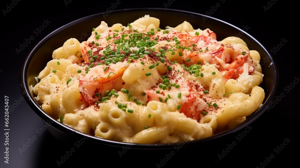 A bowl of creamy lobster macaroni and cheese, with chunks of succulent lobster throughout. A bowl of creamy lobster macaroni and cheese, with chunks of succulent lobster throughout.