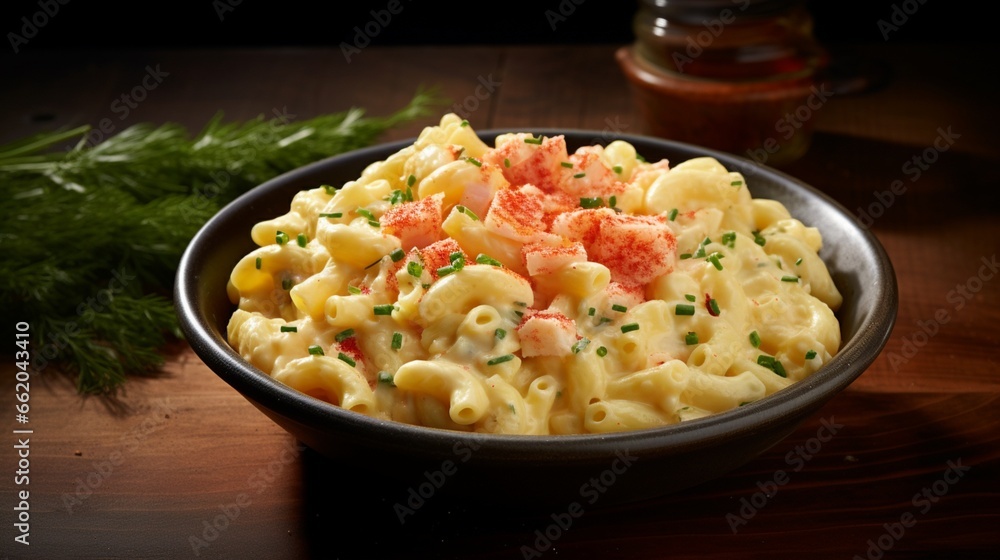A bowl of creamy lobster macaroni and cheese, with chunks of succulent lobster throughout. A bowl of creamy lobster macaroni and cheese, with chunks of succulent lobster throughout.