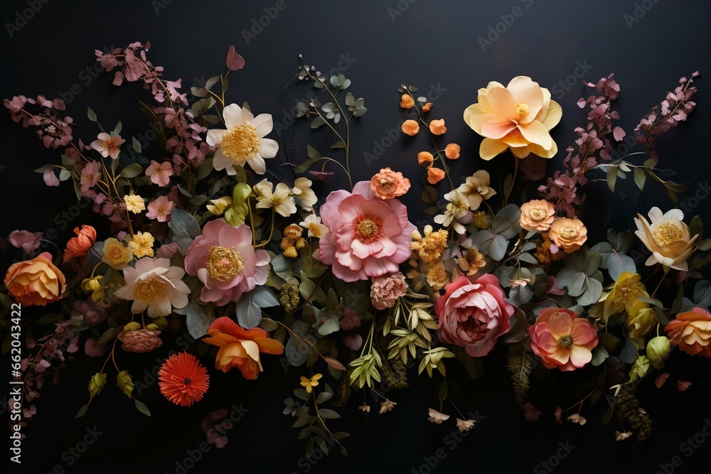 Organized flowers on dark background. Generative AI