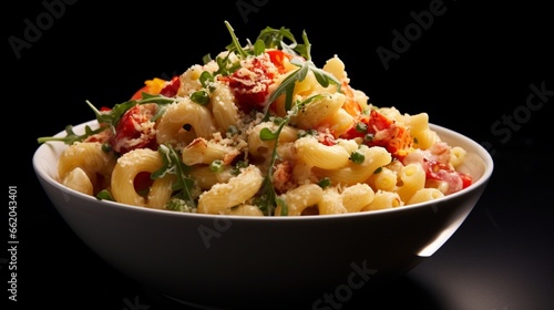 A bowl of creamy lobster macaroni and cheese, with chunks of succulent lobster throughout.
