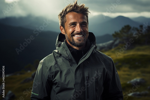 Handsome man with beard and mustache wearing black jacket with mountain background