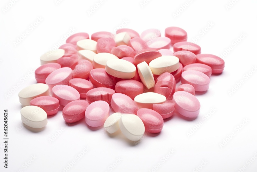Heart-shaped pink prenatal vitamins symbolize healthy pregnancy and motherhood, depicted as multivitamin pills on a white background. Generative AI