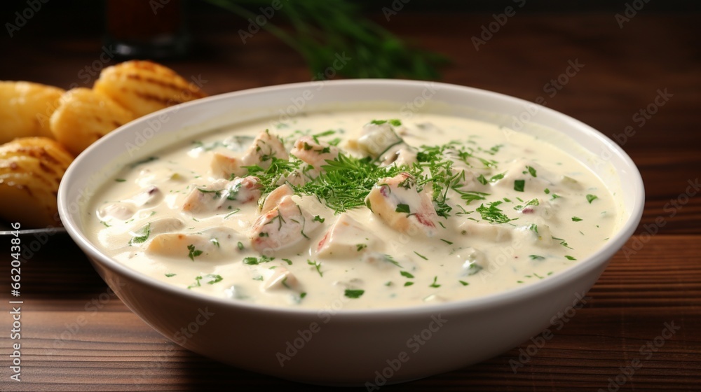 A bowl of creamy seafood chowder, brimming with chunks of fish, shrimp, and potatoes. A bowl of creamy seafood chowder, brimming with chunks of fish, shrimp, and potatoes.