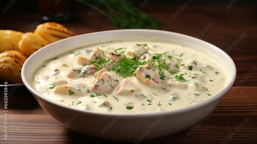 A bowl of creamy seafood chowder, brimming with chunks of fish, shrimp, and potatoes.