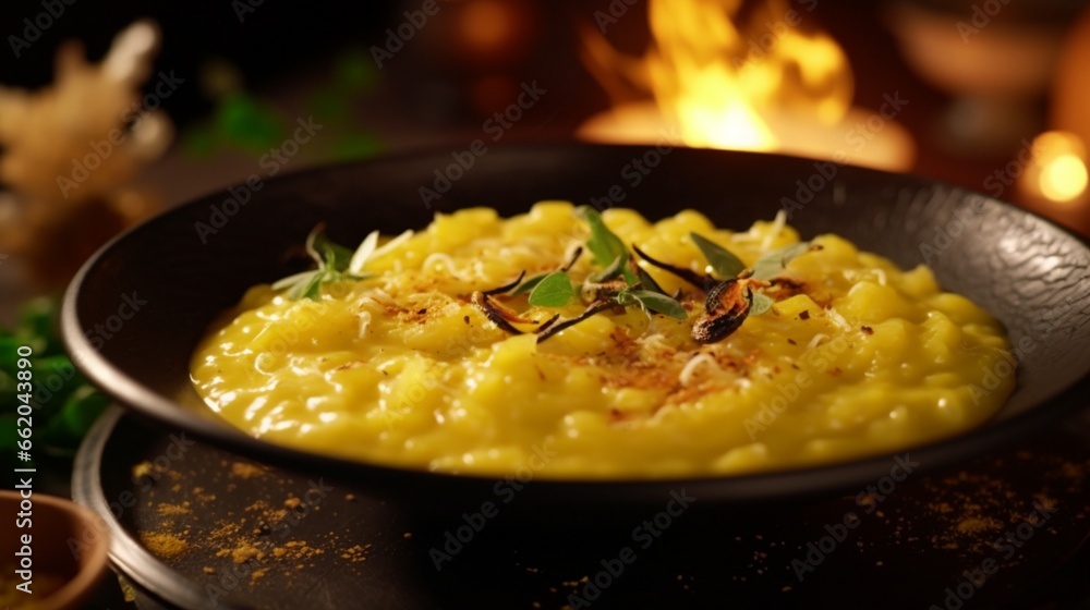 A bowl of creamy risotto, cooked to perfection and infused with the flavors of saffron and Parmesan.