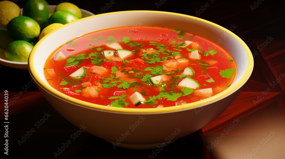 A bowl of refreshing gazpacho, filled with diced tomatoes, cucumbers, bell peppers, and a hint of cilantro. A bowl of refreshing gazpacho, filled with diced tomatoes, cucumbers, bell peppers, and a hint of cilantro.