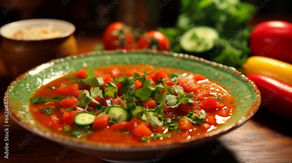 A bowl of refreshing gazpacho, filled with diced tomatoes, cucumbers, bell peppers, and a hint of cilantro. A bowl of refreshing gazpacho, filled with diced tomatoes, cucumbers, bell peppers, and a hint of cilantro.