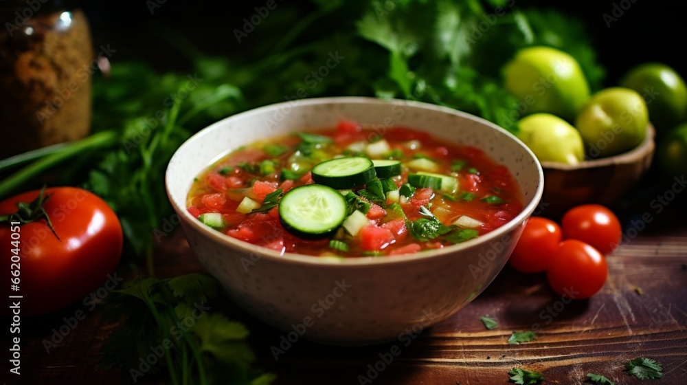 A bowl of refreshing gazpacho, filled with diced tomatoes, cucumbers, bell peppers, and a hint of cilantro. A bowl of refreshing gazpacho, filled with diced tomatoes, cucumbers, bell peppers, and a hint of cilantro.