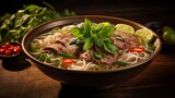 A bowl of pho, with thin slices of beef, rice noodles, and fresh herbs in a fragrant broth.