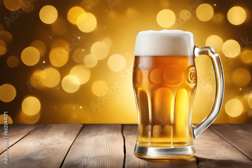 Cold beer on wooden table with gold bokeh background