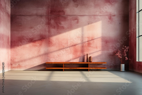 Interior of living room with red walls , concrete floor and vase with plant