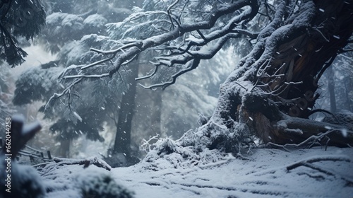 Cedar tree branches covered in fresh snowfall