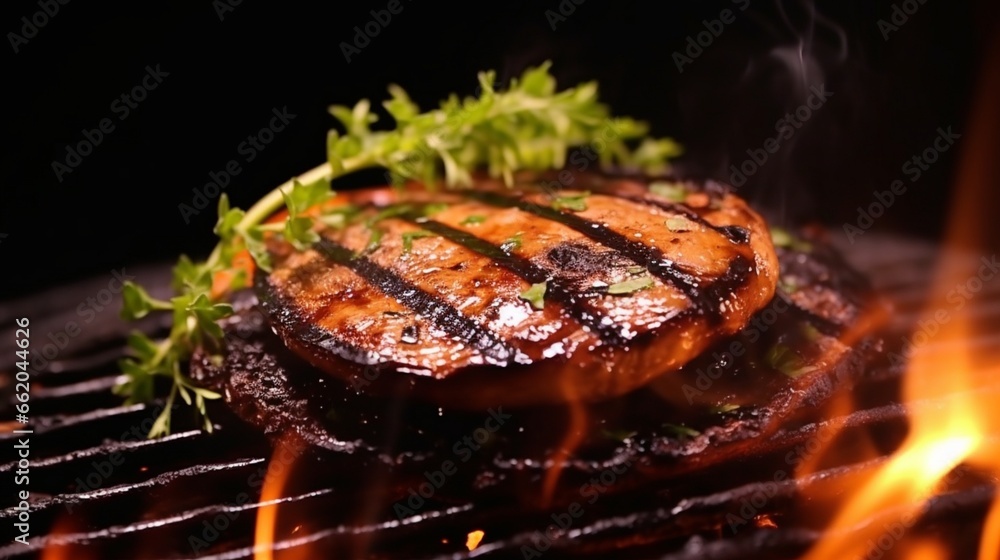 A close-up of a juicy and perfectly grilled portobello mushroom, seasoned to perfection.