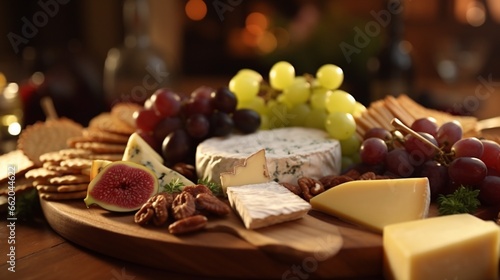 A close-up of a gourmet cheese platter, showcasing a variety of cheeses, crackers, and grapes. © Noreen