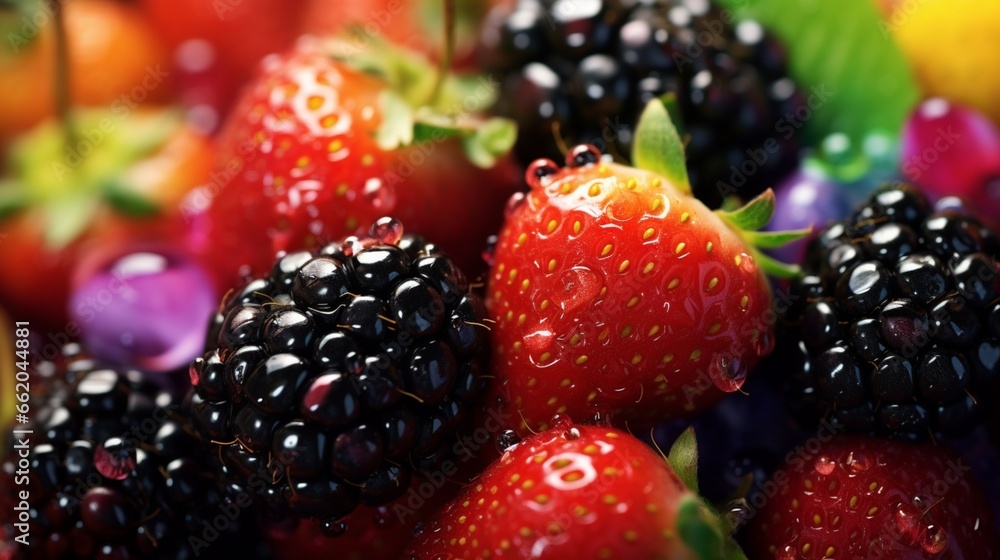 A close-up of a rainbow of fresh berries, glistening with juiciness. A close-up of a rainbow of fresh berries, glistening with juiciness.