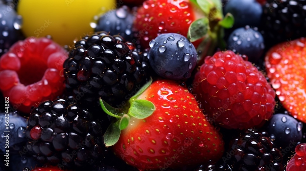 A close-up of a rainbow of fresh berries, glistening with juiciness. A close-up of a rainbow of fresh berries, glistening with juiciness.