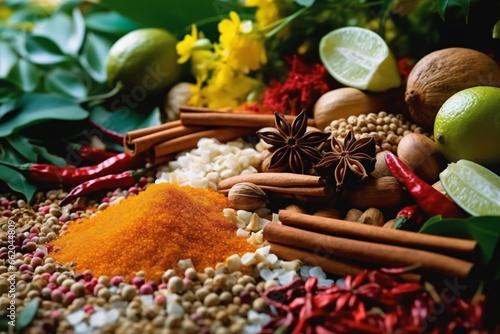Spices and herbs on blue background. Food and cuisine ingredients.