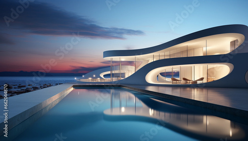 Modern and futuristic architecture exterior with blue sea and sky background