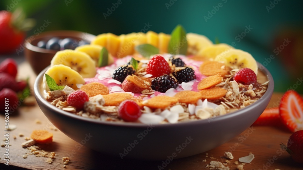 A close-up of a tropical fruit smoothie bowl, topped with granola, coconut, and fresh fruit slices. A close-up of a tropical fruit smoothie bowl, topped with granola, coconut, and fresh fruit slices.