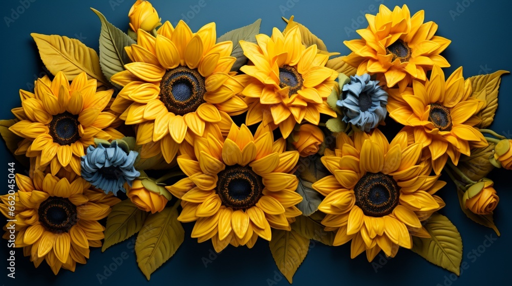 A cluster of hyper-realistic, golden-yellow sunflowers set against a deep indigo backdrop, each petal and seed meticulously detailed. A cluster of hyper-realistic, golden-yellow sunflowers set against a deep indigo backdrop, each petal and seed meticulously detailed.