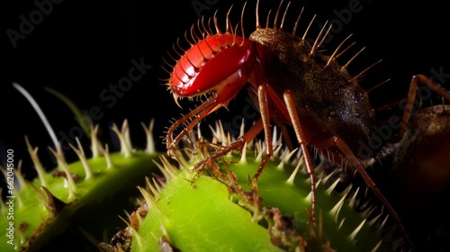 Close-up of a Venus flytrap with a trapped fly.