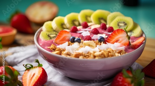A close-up of a tropical fruit smoothie bowl, topped with granola, coconut, and fresh fruit slices.