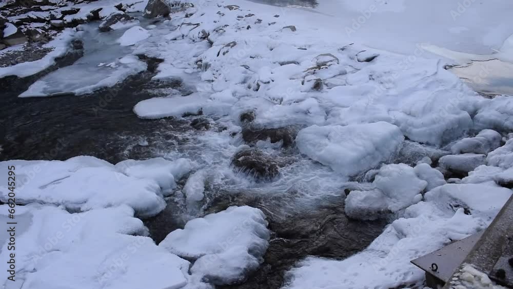 Stream of water running through an icy river high up in a mountain. Tranquil, frozen river located in Sölden, Austria Stream of water running through an icy river high up in a mountain. Tranquil, frozen river located in Sölden, Austria