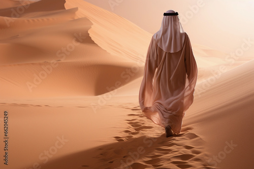 Arabian man walking in the desert with sand dunes at sunset