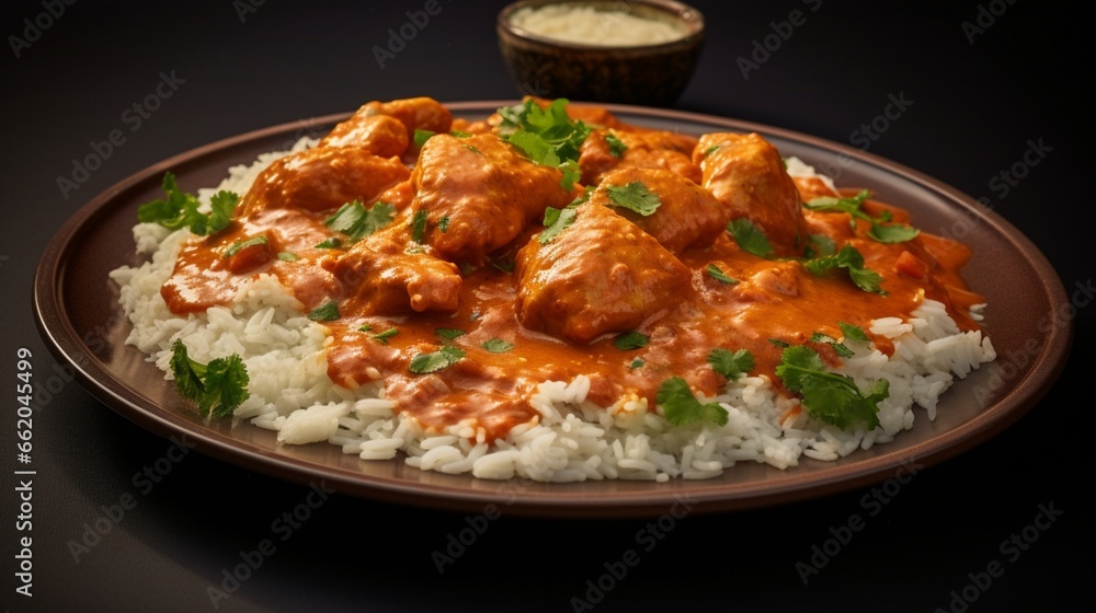 A plate of chicken tikka masala, with tender pieces of chicken in a rich and flavorful curry sauce. A plate of chicken tikka masala, with tender pieces of chicken in a rich and flavorful curry sauce.