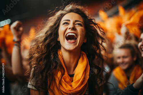 Cheerful young woman screaming on the football stadium