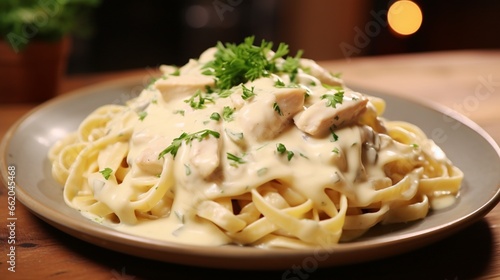 A plate of chicken Alfredo pasta, with creamy Alfredo sauce coating each strand of fettuccine. photo
