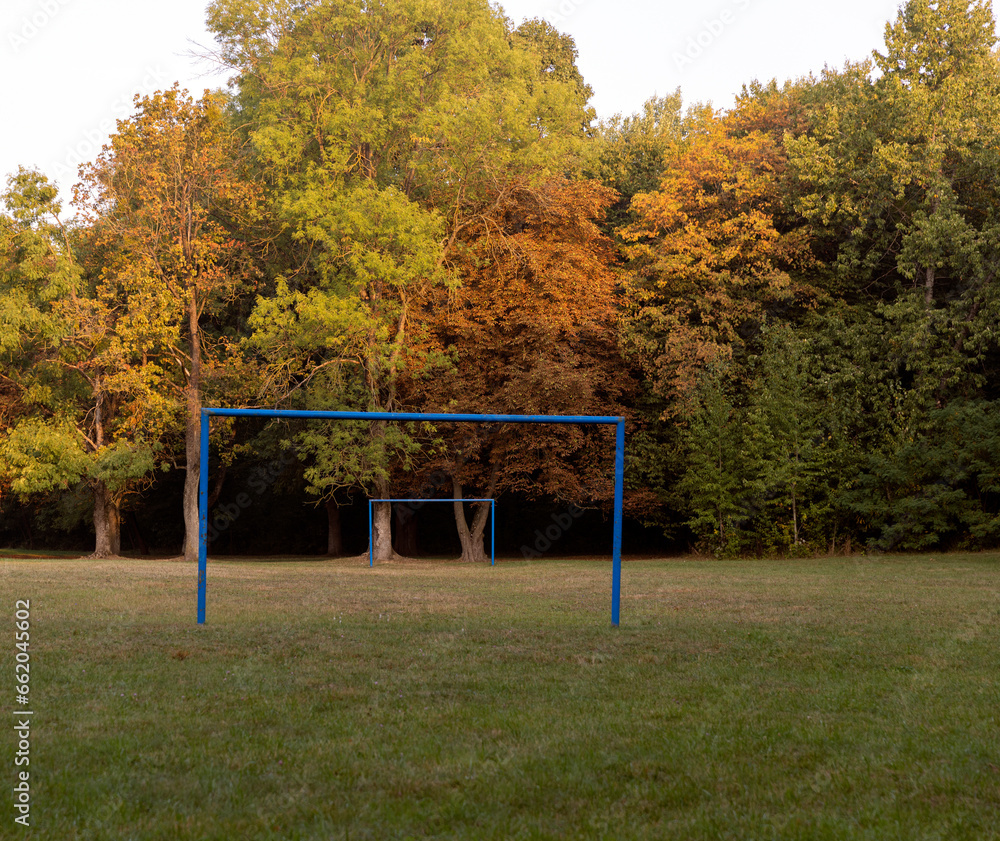 blue football gates in the park in autumn