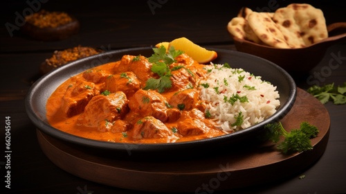 A plate of chicken tikka masala, with tender pieces of chicken in a rich and flavorful curry sauce.