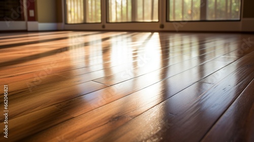 Close-up of hardwood flooring with sunlight shining through window
